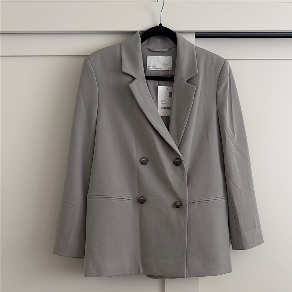 OAK + FORT Light Gray Double-Breasted Blazer